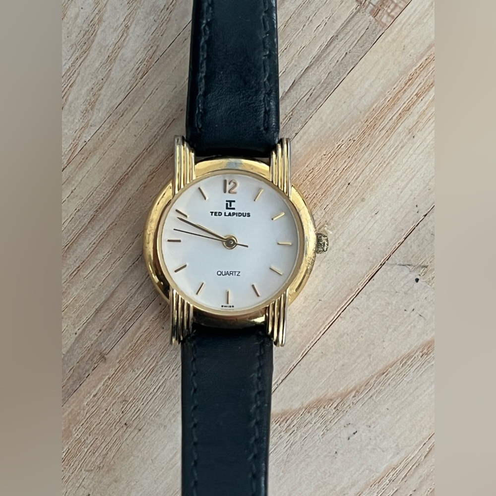 Ted Lapidus Ladies Watch Vintage Black Leather Strap Gold Tone Case White Dial